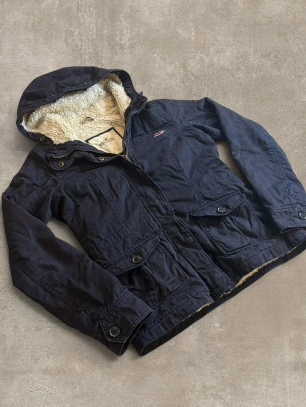 Vintage Hollister Sherpa Lined Parka Jacket Hooded Navy Blue Mens Small